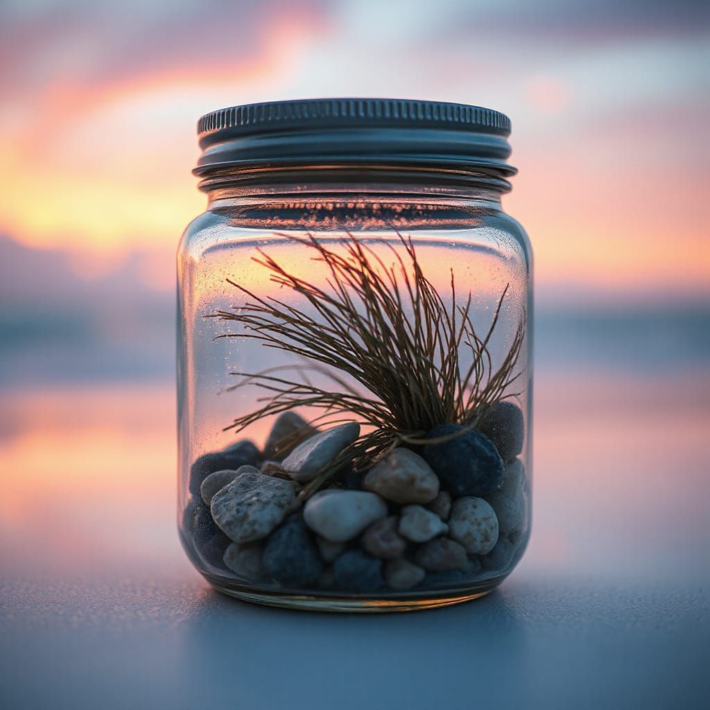 Miniature Beach Scene in a Glass Jar, Cinematic Film Still