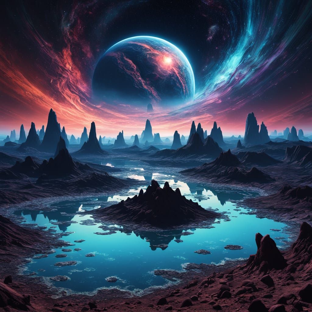 Surreal Alien Planet Nightscape with Floating Crystals