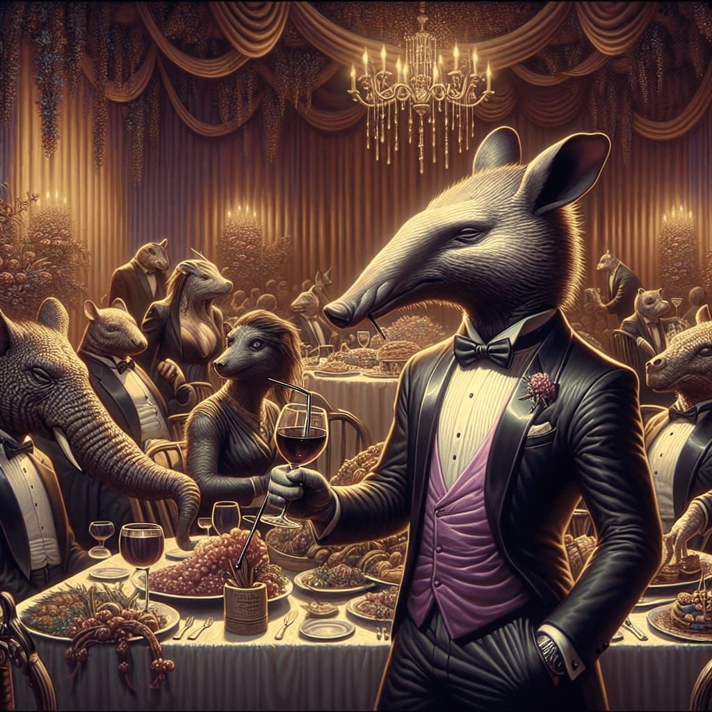 Aardvark in Tuxedo at Dinner Party