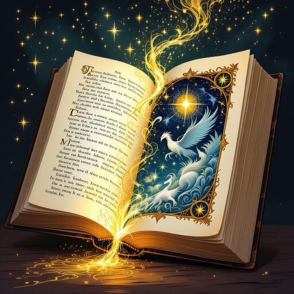 Magical Book Pages with Fantastical Creatures and Golden Ink