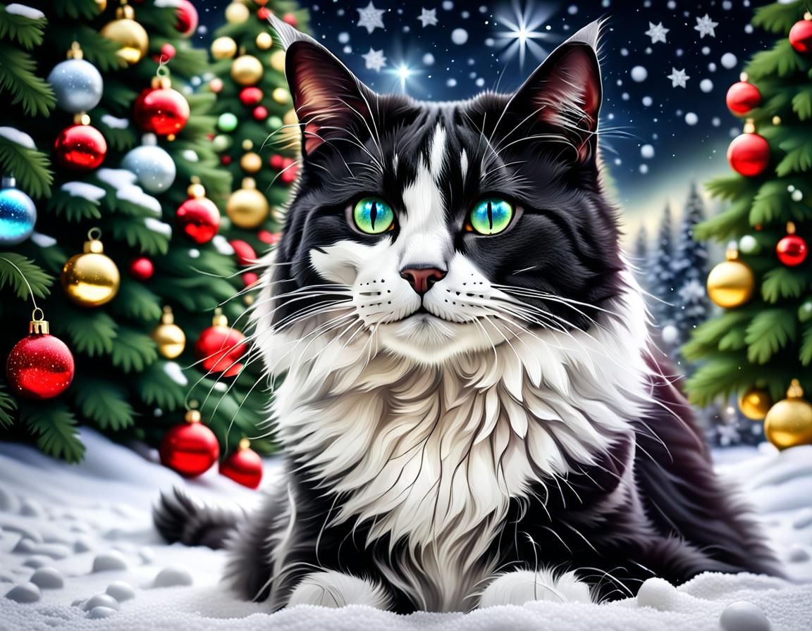 Festive Cat Reflects Christmas Scene