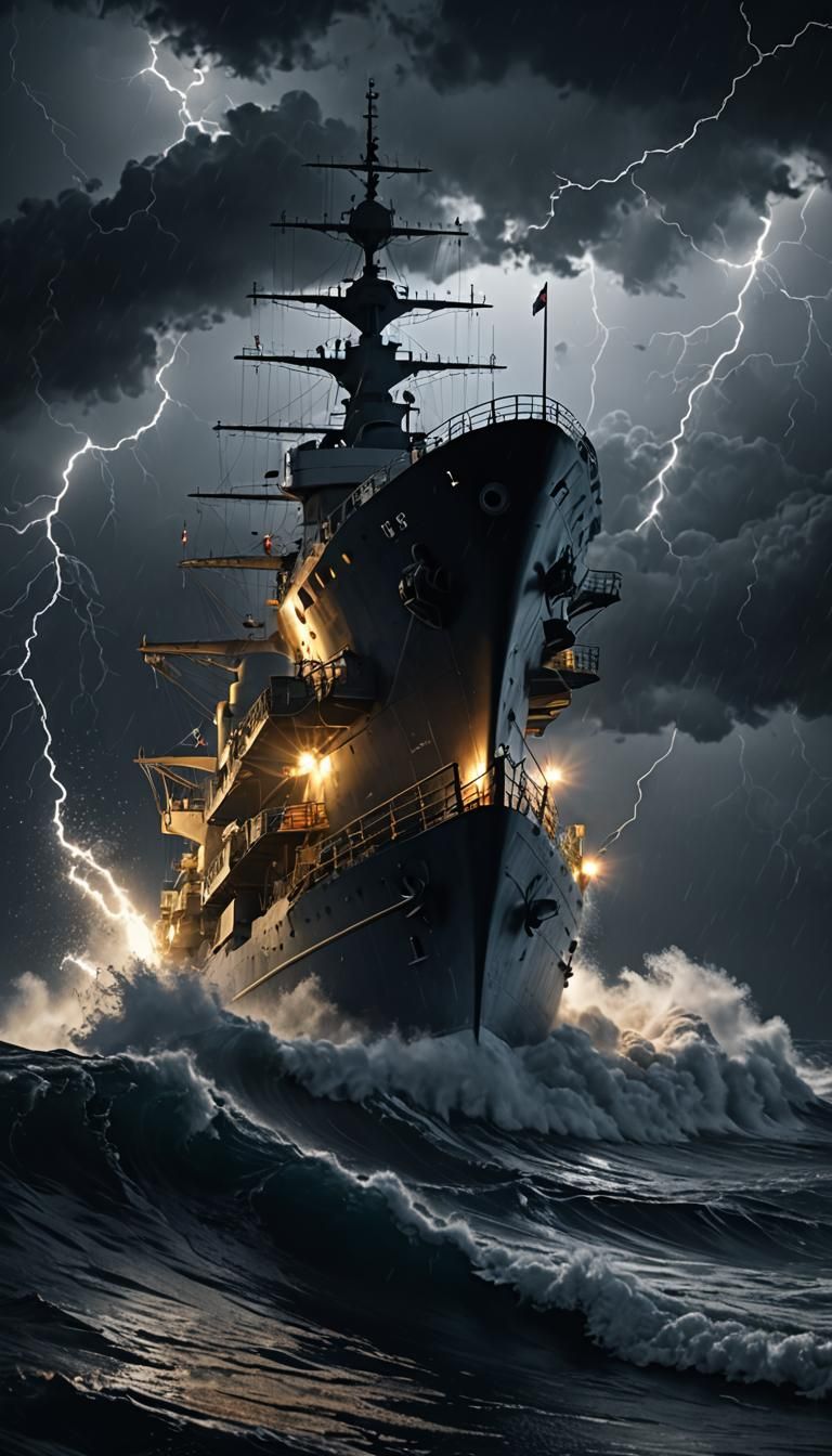 Navy Ship in Stormy Seas at Night