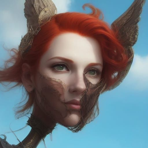 <lora:Red Hair Beauty:1.0> A majestic gargoyle perched atop a steampunk airship, surveying a vast, cloudy sky filled wit...