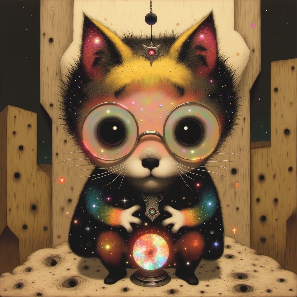 Mystical Cat Seer with Crystal Ball in a Muted Blue-Gray Aes...