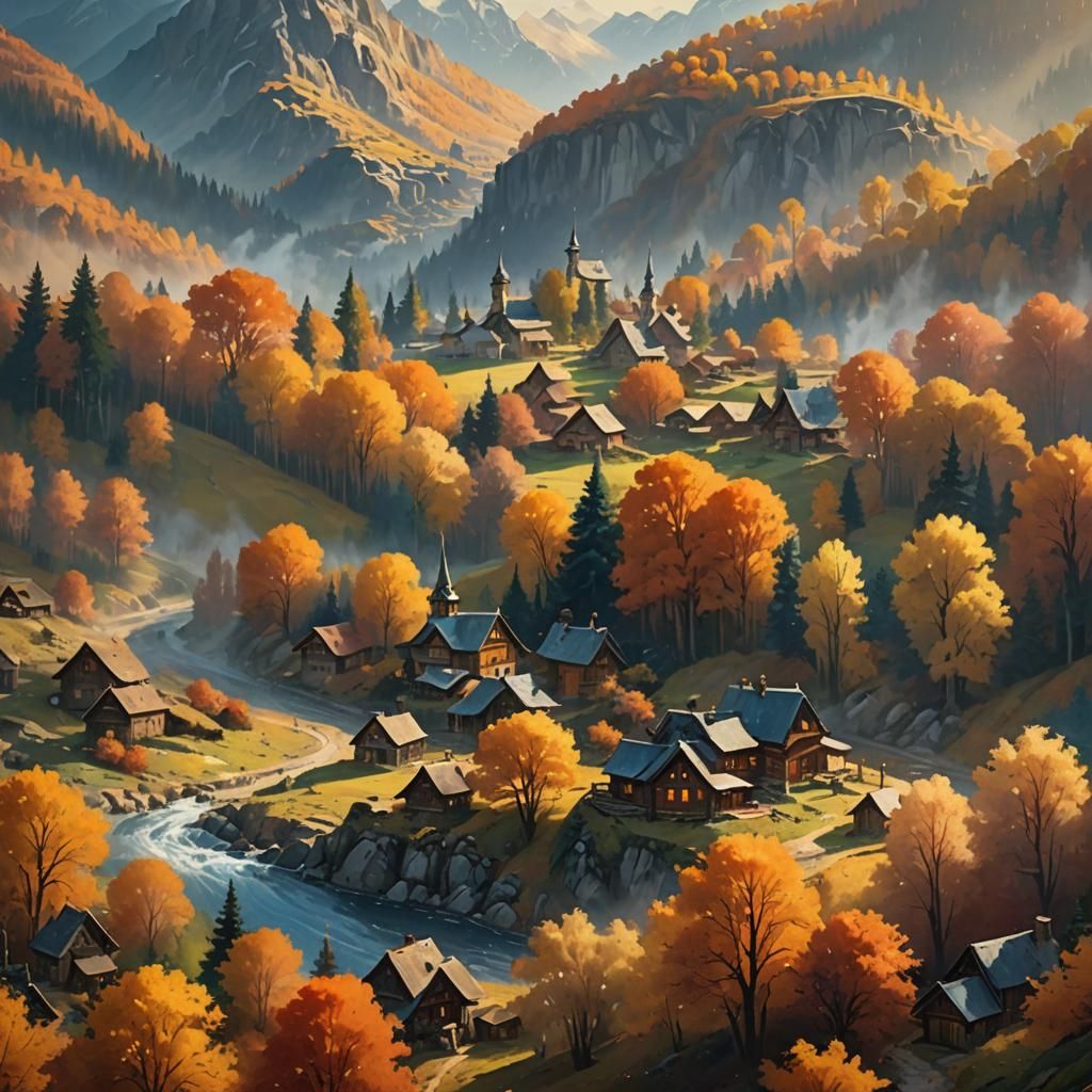 Enchanting Autumn Village Landscape in Golden Light