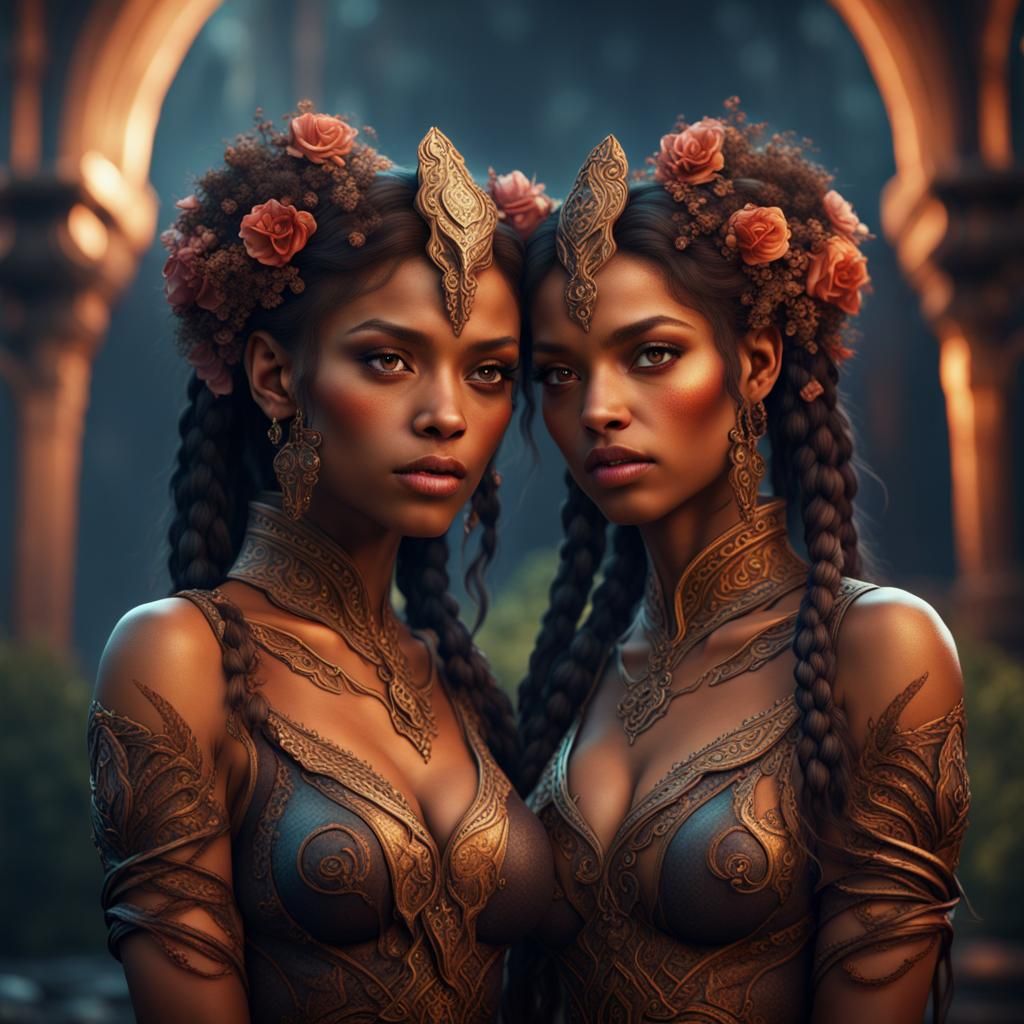 Fantasy Art of Embracing Twin Sisters
