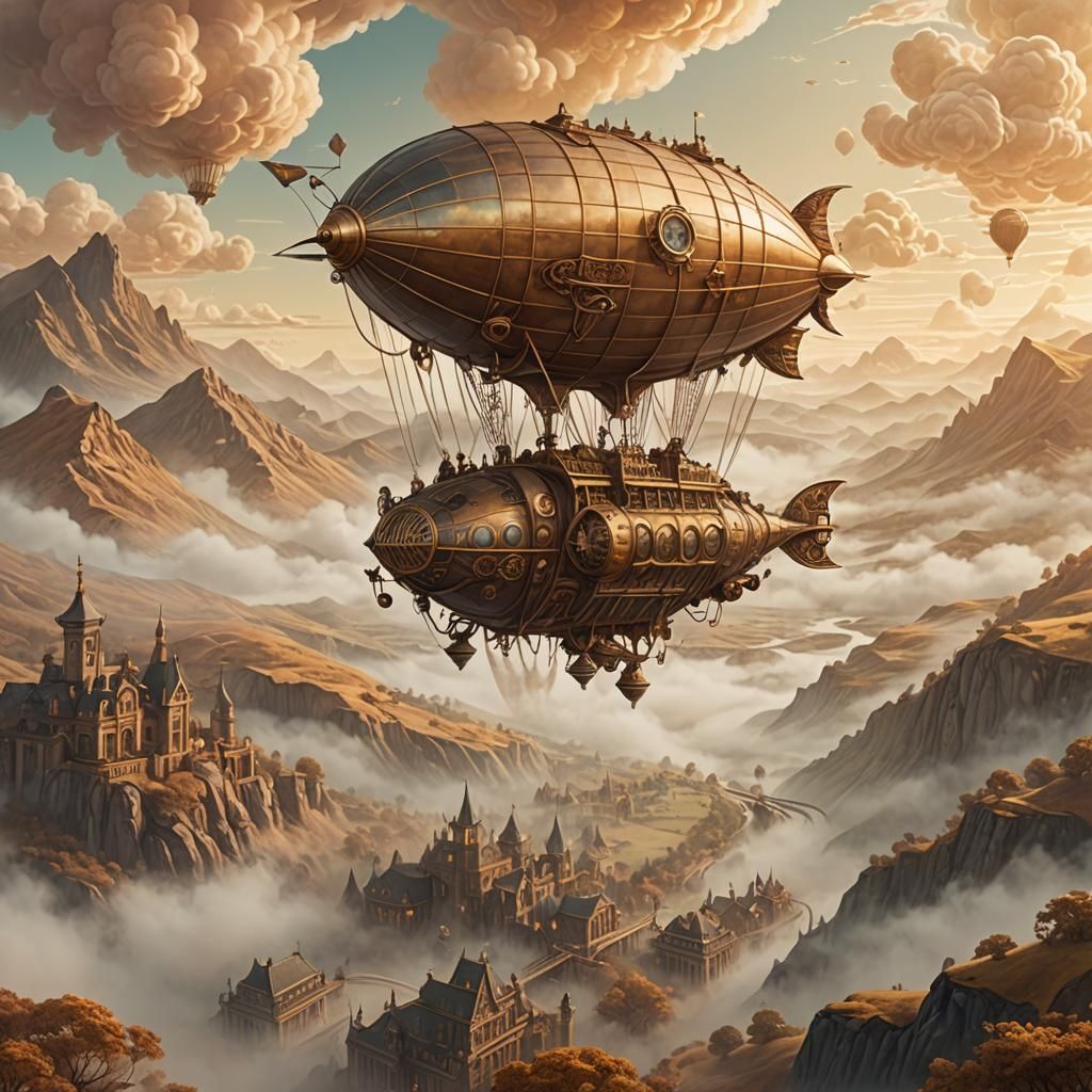 Ornate Steampunk Airship Over Mystical Valley