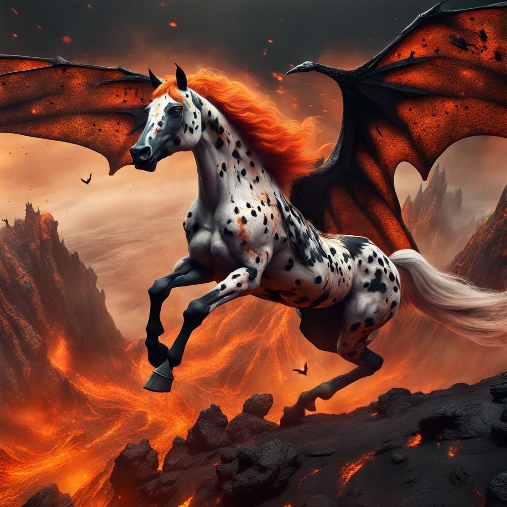 Flying Crimson Appaloosa Horse in Volcanic World