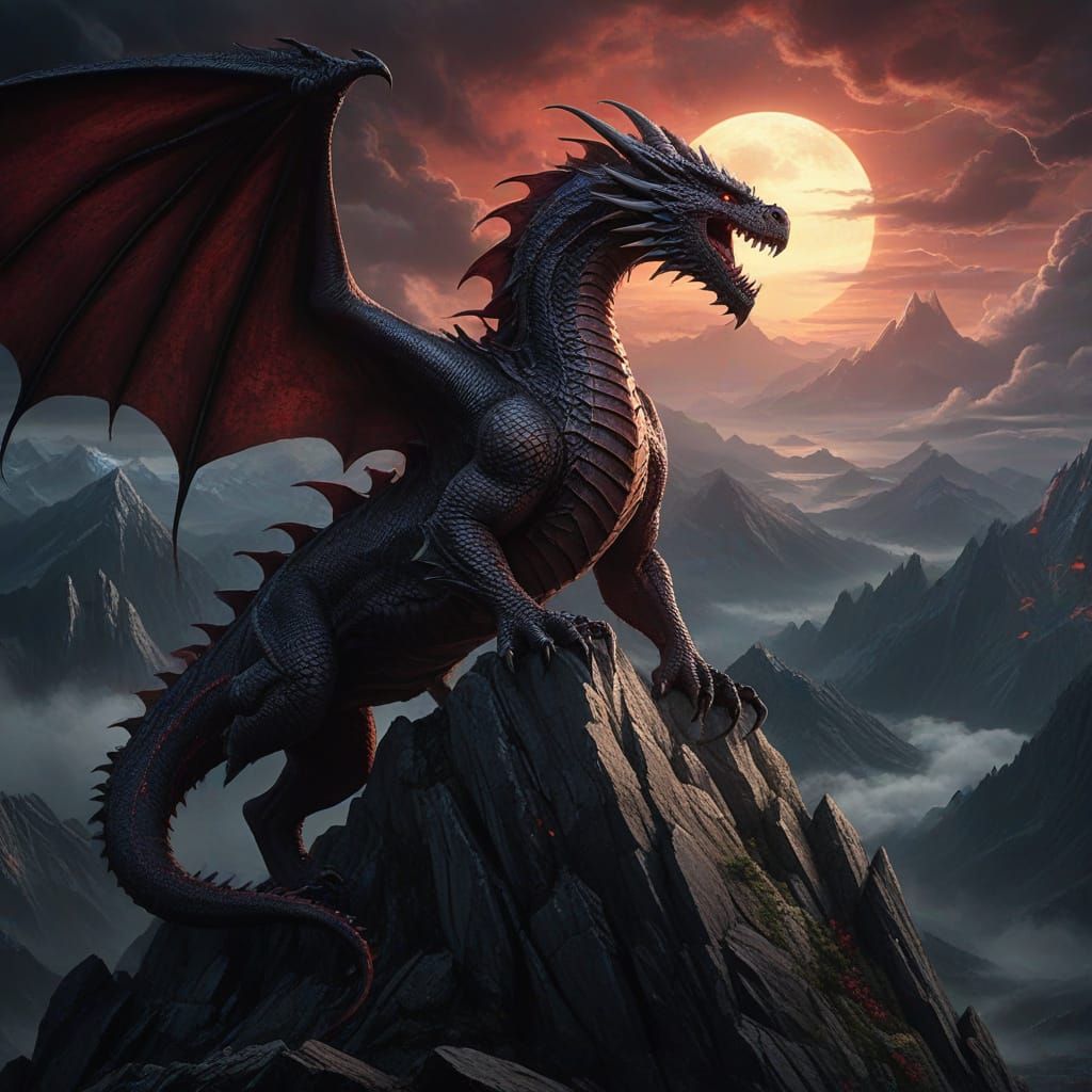 Colossal Dragon on Mountain Peak in Storm