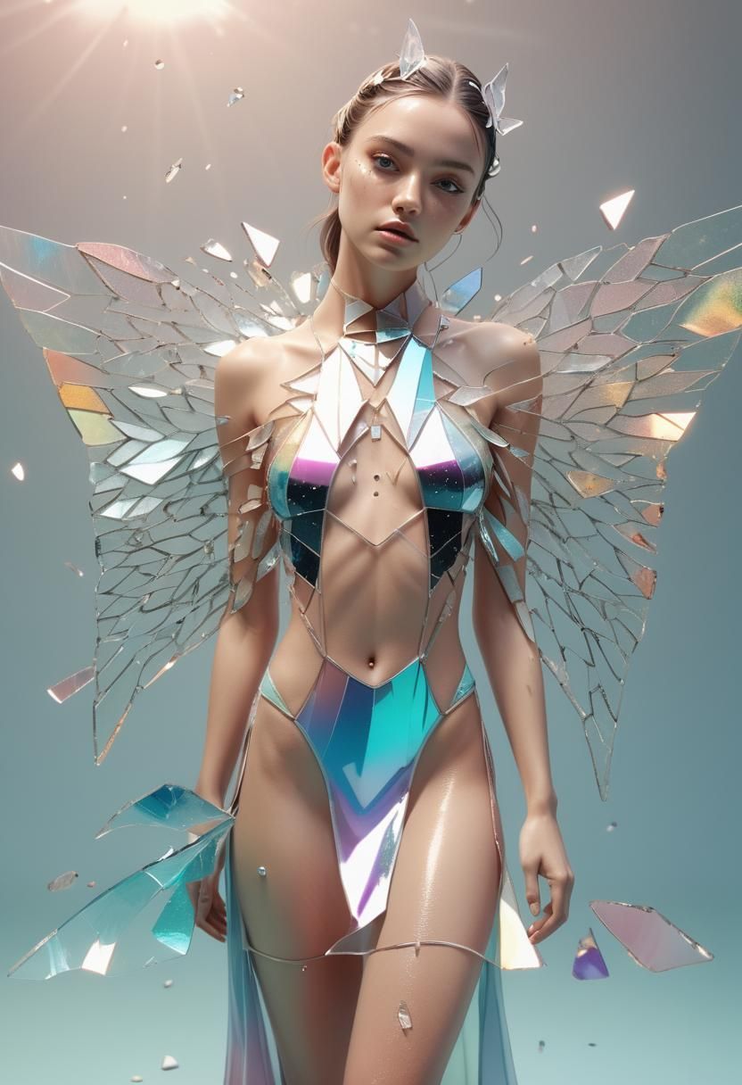 Glass Winged Model in Semi-Transparent Swimsuit