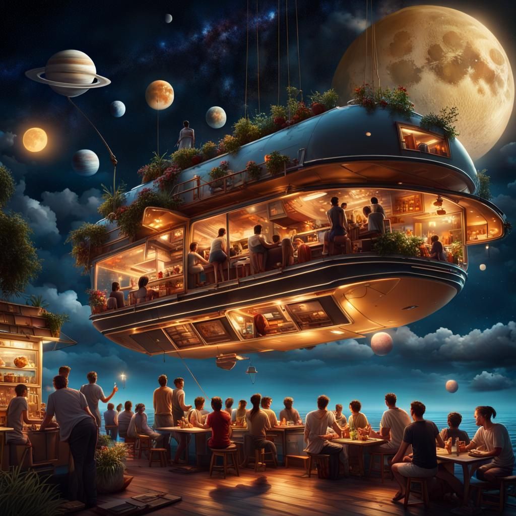 A restaurant and a food truck are floating in the sky...