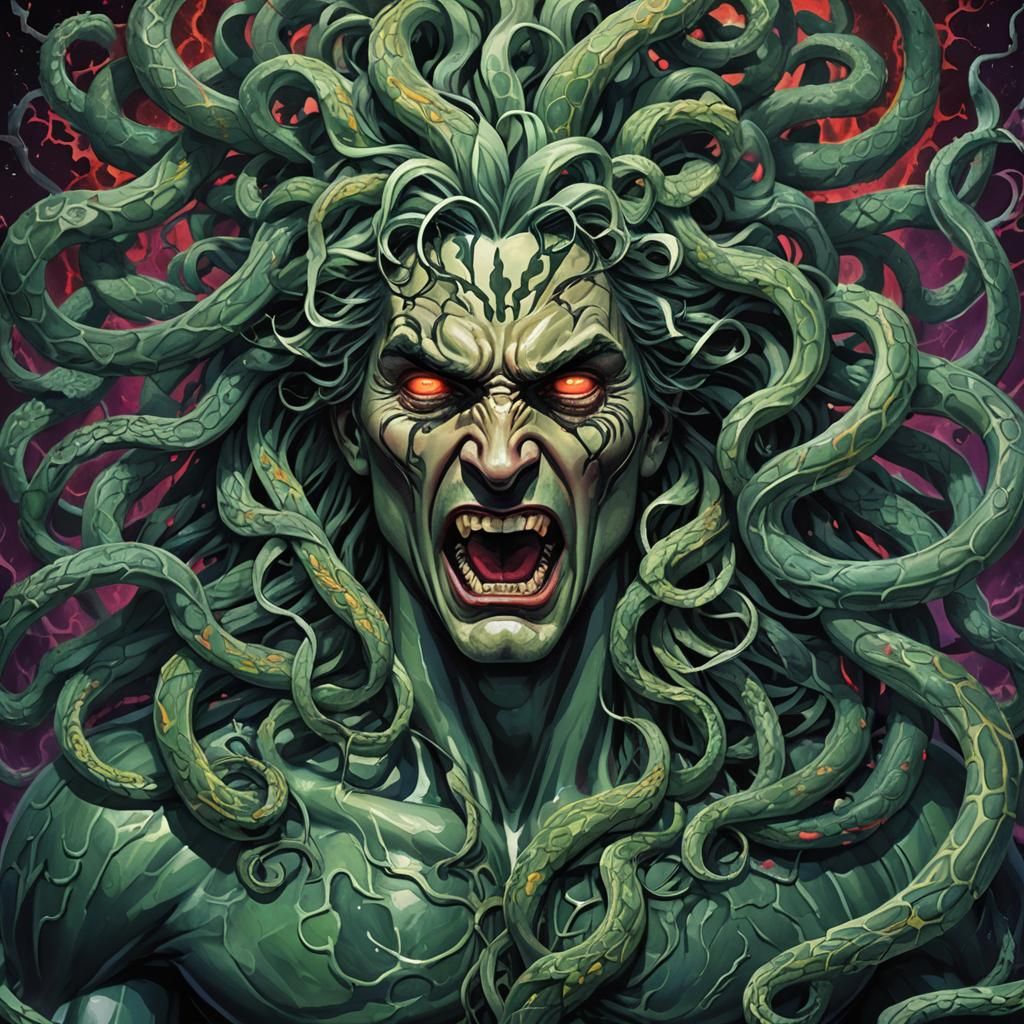 Medusa's Gaze Turns Man to Stone: Digital Illustration