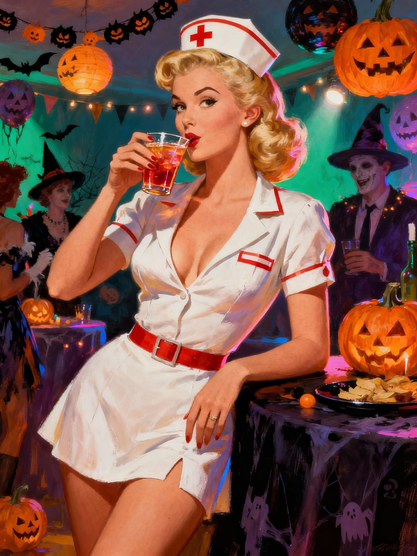Pin-Up Nurse Sips Drink at Halloween Party