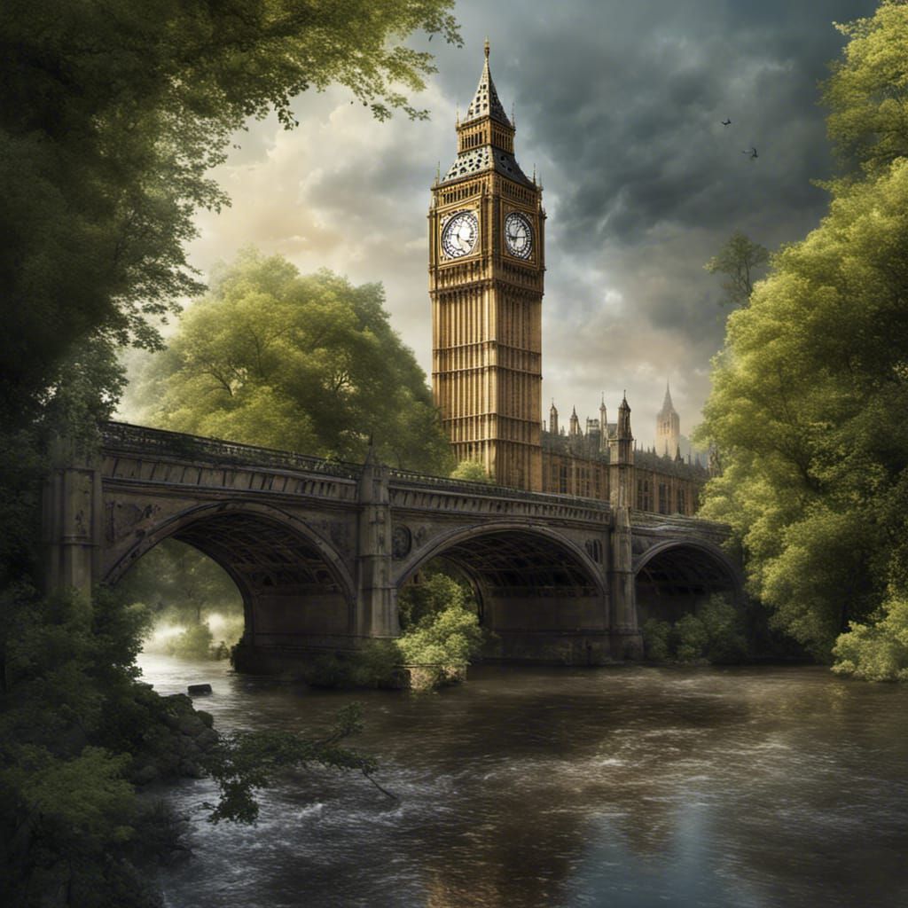 an image of Big Ben, clock face destroyed by war, crumbling structure,  surrounded by thick foliage and towering trees, ...