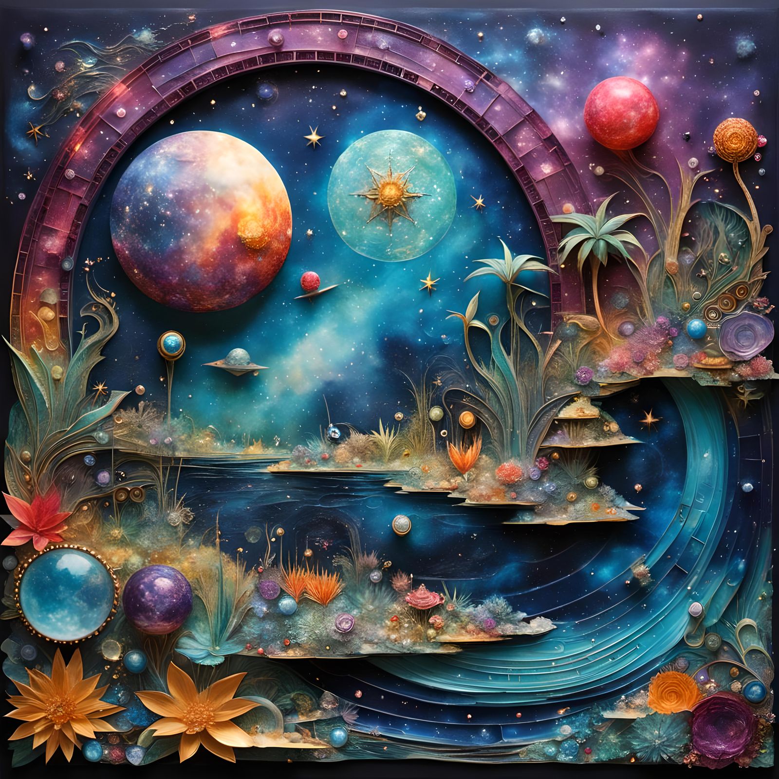 Bejeweled Galactic Oasis: Hyperdetailed Encaustic Masterpiec...
