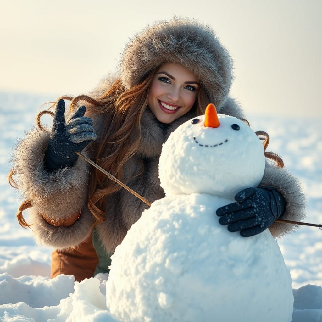 Ethereal Winter Scene with Hyperrealistic Woman Building a S...