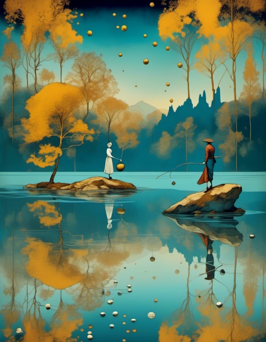 Stones Skipping on Petrol Blue Lake Reflection