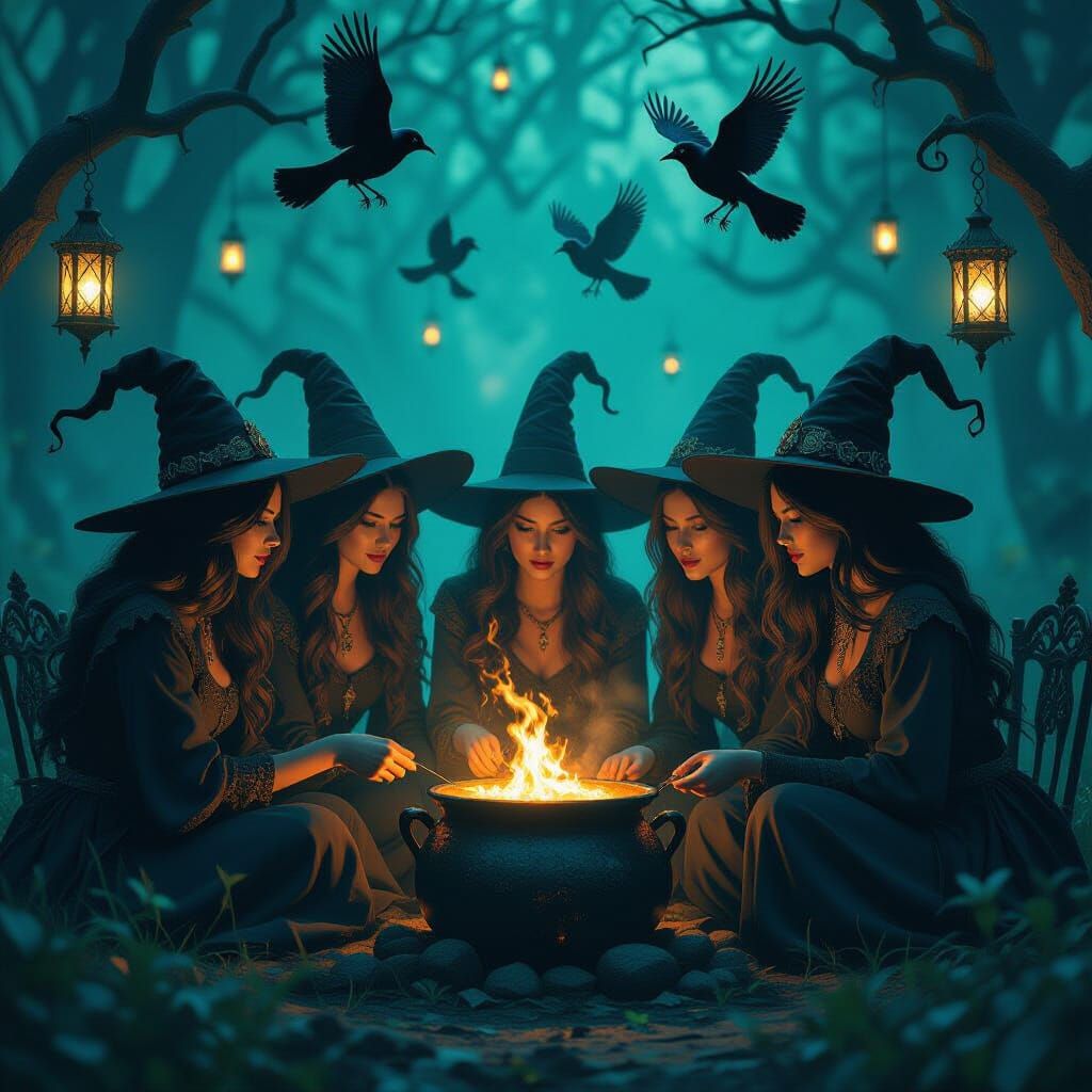 Witches Coven Around Cauldron in Dark Fantasy Style