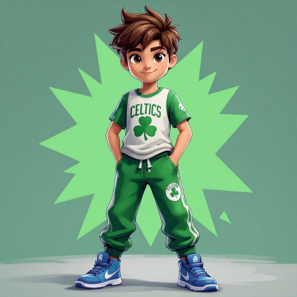 Boy in Celtics Gear with Fortnite Peely Shirt