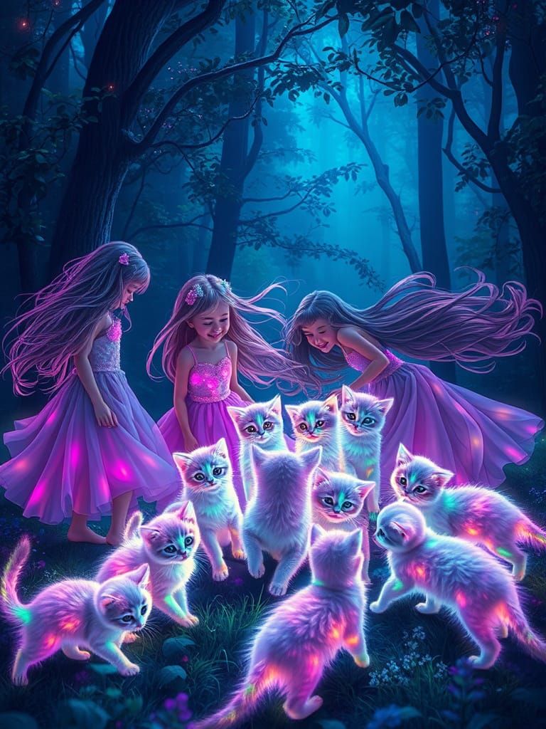 Whimsical Night Forest with Glowing Kittens and Iridescent G...