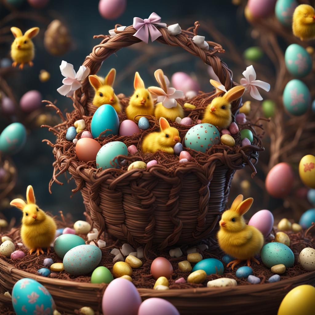 Hyperrealistic Easter Basket with Bunnies and Chicks