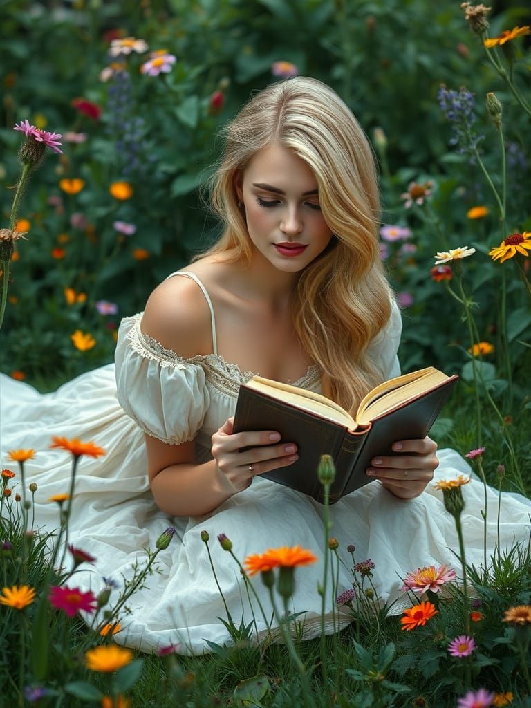 Swedish Woman in Garden, Photorealistic Art Nouveau Style