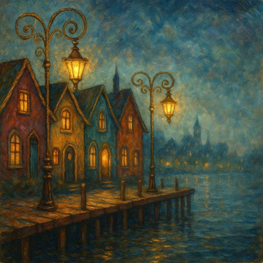 Whimsical Painterly Town on Dock with Mystical Glow