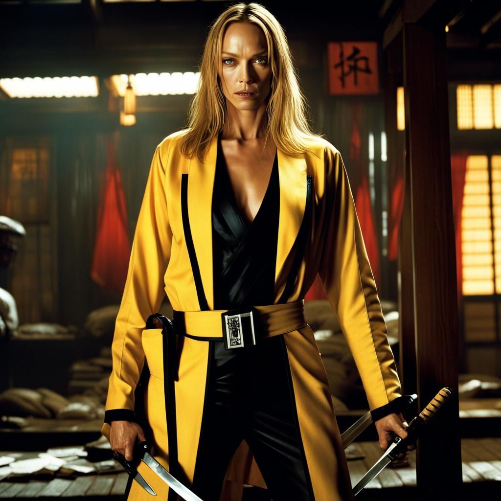 Fierce Woman in Yellow Outfit with Blood