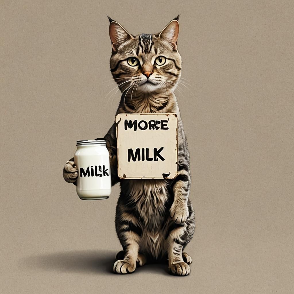 Cat Demands More Milk With Funny Sign