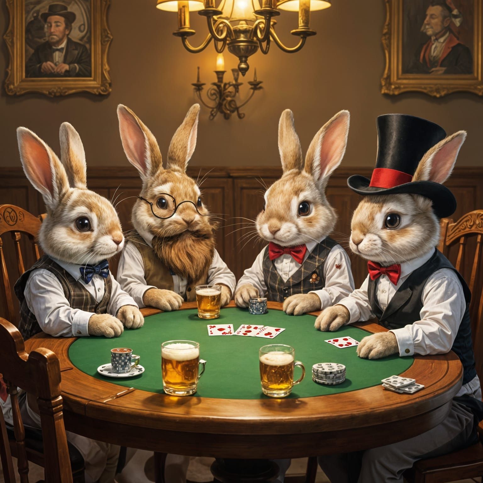 Rabbits in Hats Play Poker With Beer
