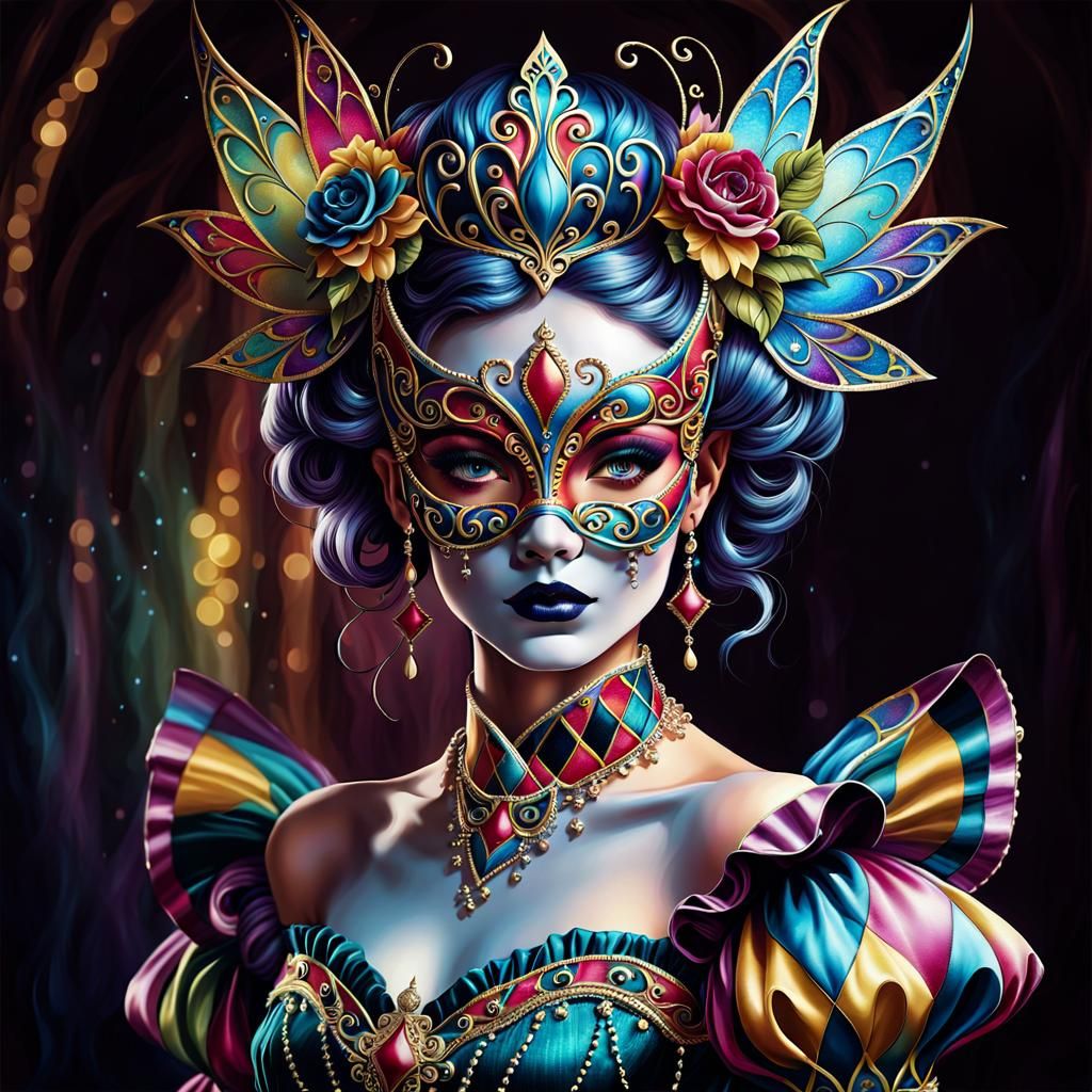 Pixie in Harlequin Mask Ballgown: Airbrush Art
