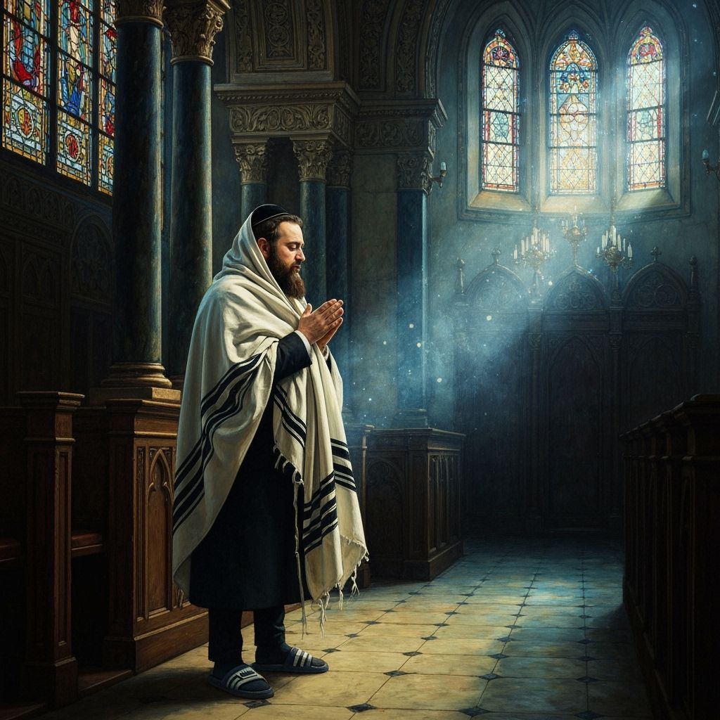 Devout Hasidic Man Prays in Ornate Synagogue