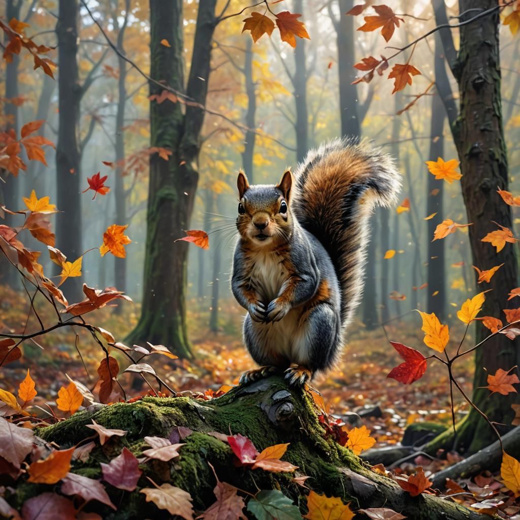 Squirrel in Autumn Forest: Natural Light, Oil Painting