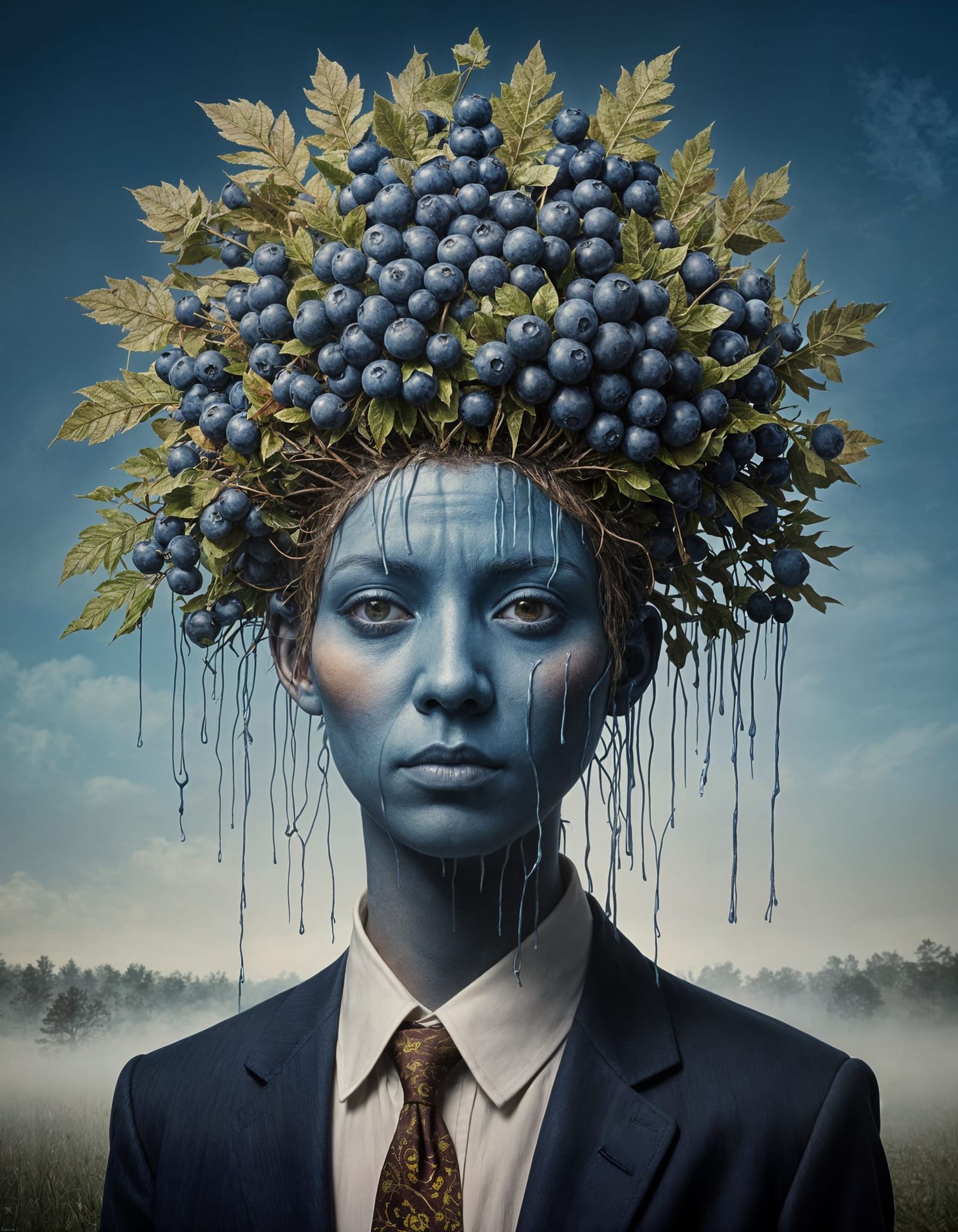 Blue Surreal Landscape with Fog and Trees