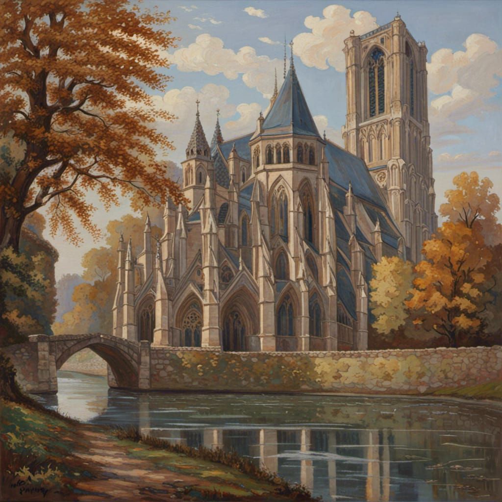 Gothic Church with Stained Glass Windows, Oil Painting