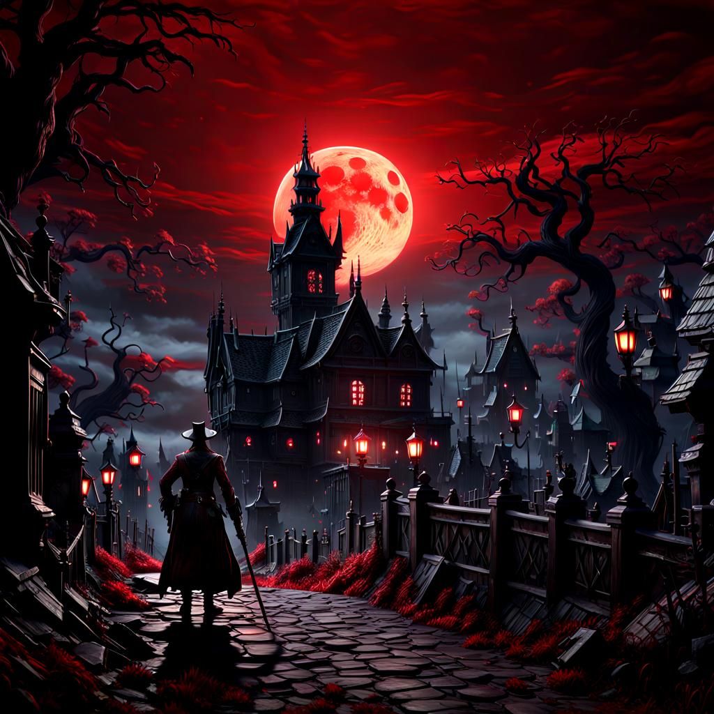 Giant Red Moon Dark Fantasy Digital Painting