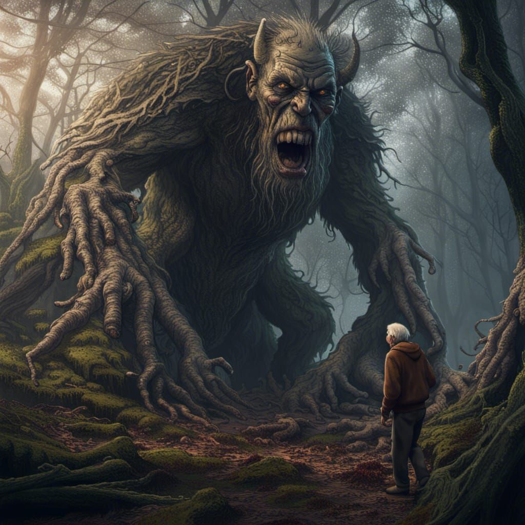 Old Man Scared by Forest Monster in Detailed Matte Painting