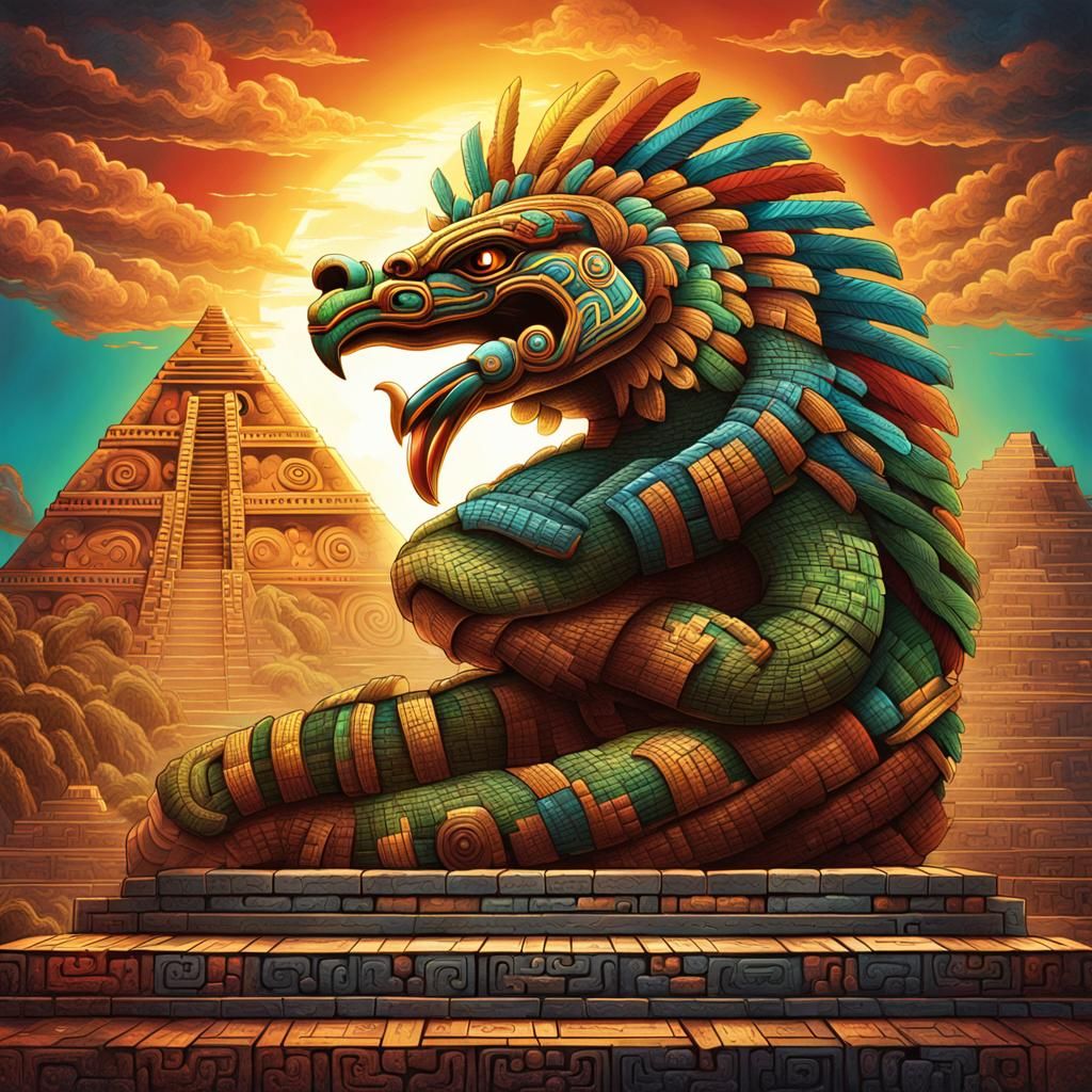 Quetzalcoatl Coiled Around Aztec Pyramid