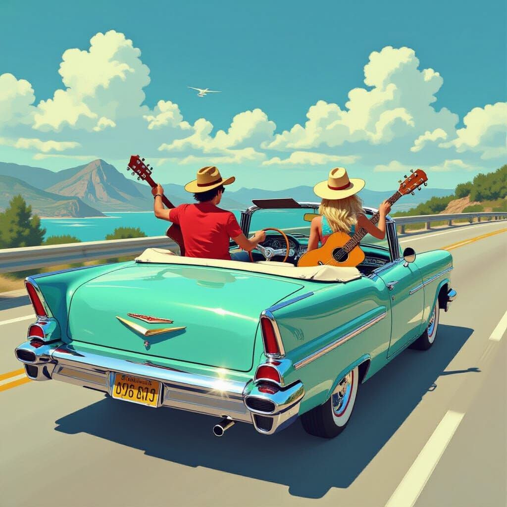 Rock Band on Highway in Vibrant Art Style