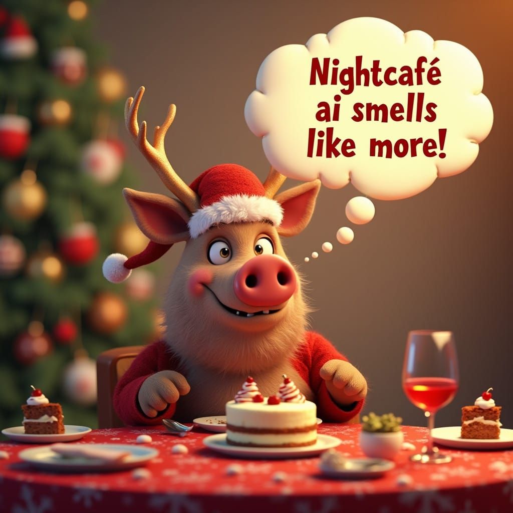 Whimsical Pig Reindeer Indulges in Festive Cake at Lavish Ch...