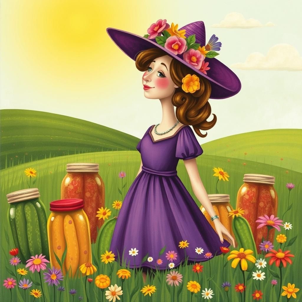 Whimsical Woman with Pickles in a Sunny Meadow