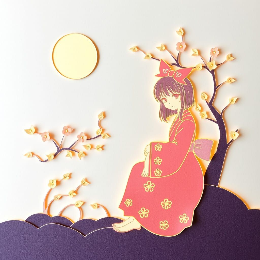 Delicate illuminated kirigami Shoujo in the style of naoko takeuchi