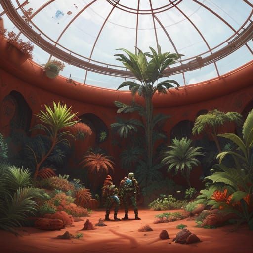 Human Colonist Tends Plants in Martian Biodome