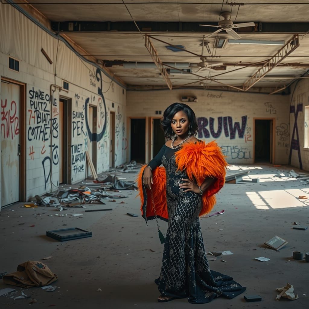 Elegant Woman in Abandoned Room: AI Image