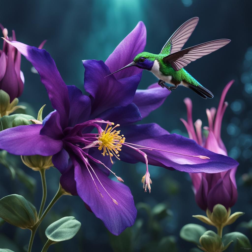 Deep Purple Columbine Flower with Hummingbird