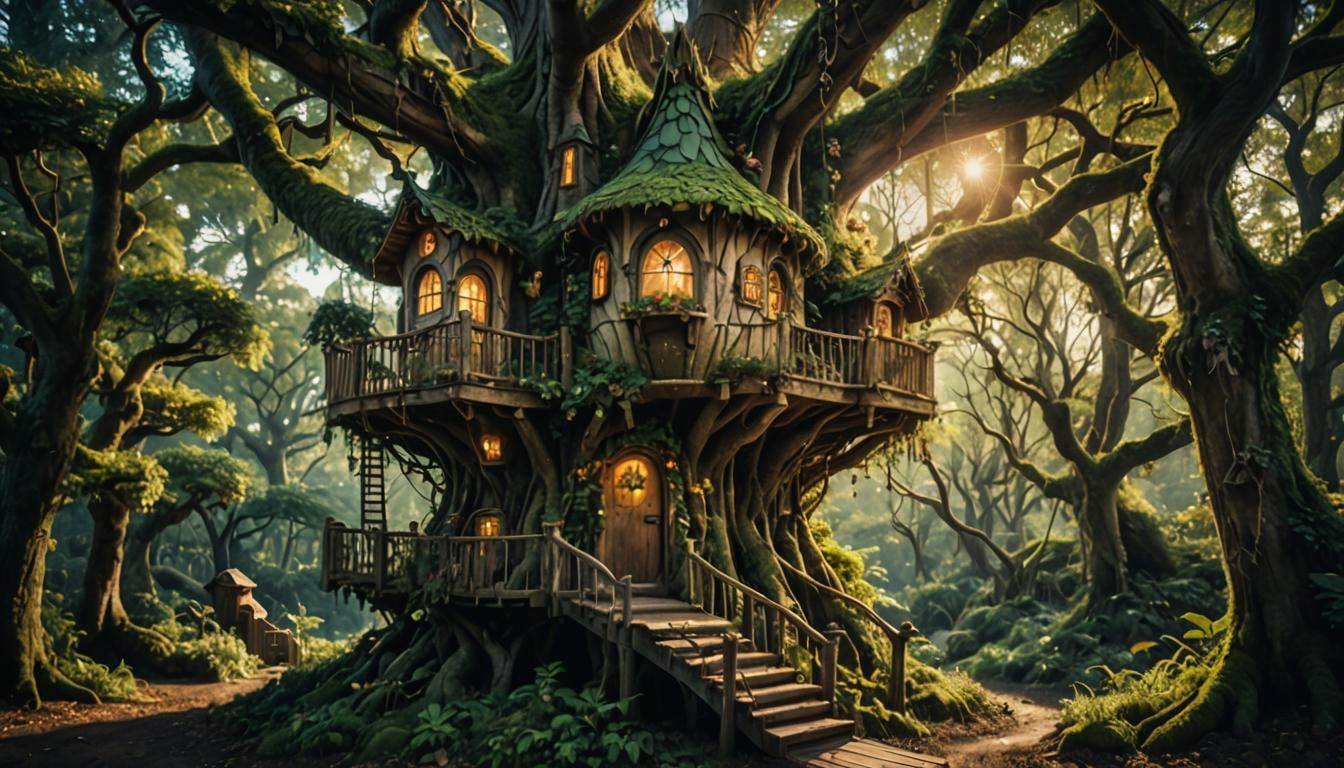 Enchanted Fairy Treehouse in a Cinematic Forest