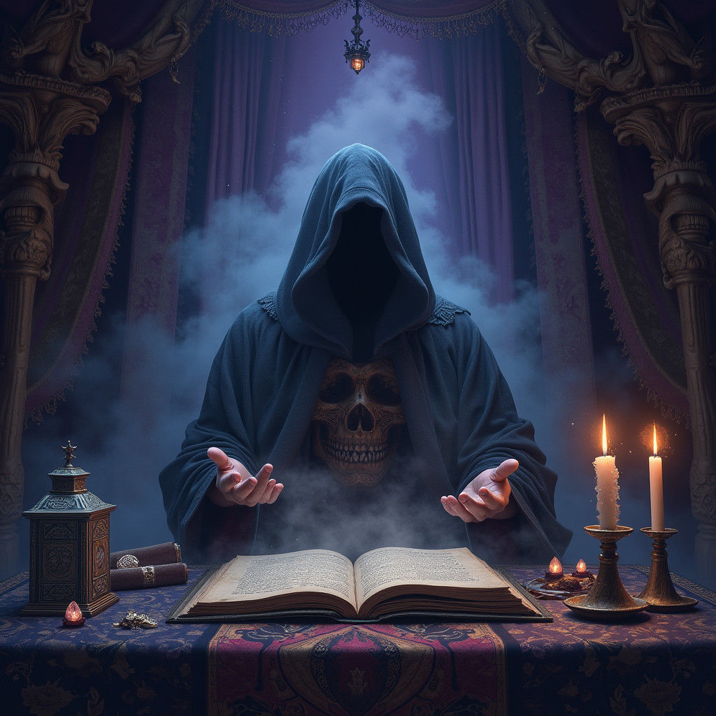 Mysterious Fortune Teller in Ornate Tent, Detailed Matte Pai...