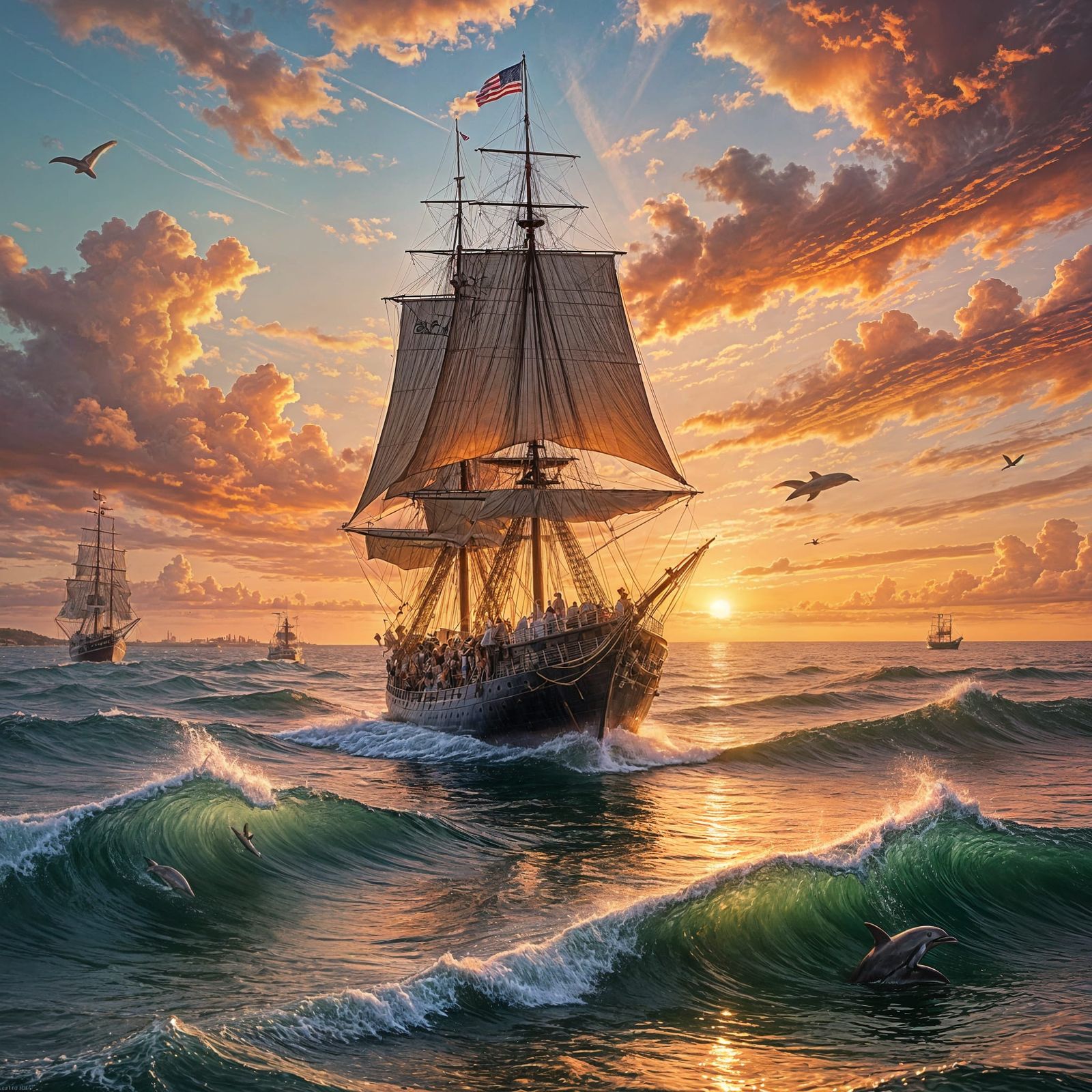 USS Constitution at Sunset with Mermaids