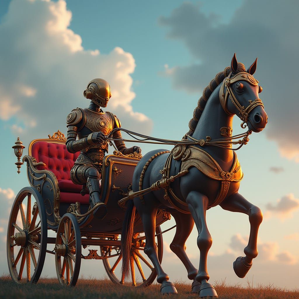 Steampunk Horse and Buggy with Robot Rider in Victorian-Insp...