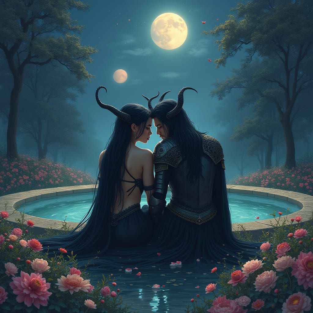 Ethereal Lilith Sits with a Knight at a Grand Fountain